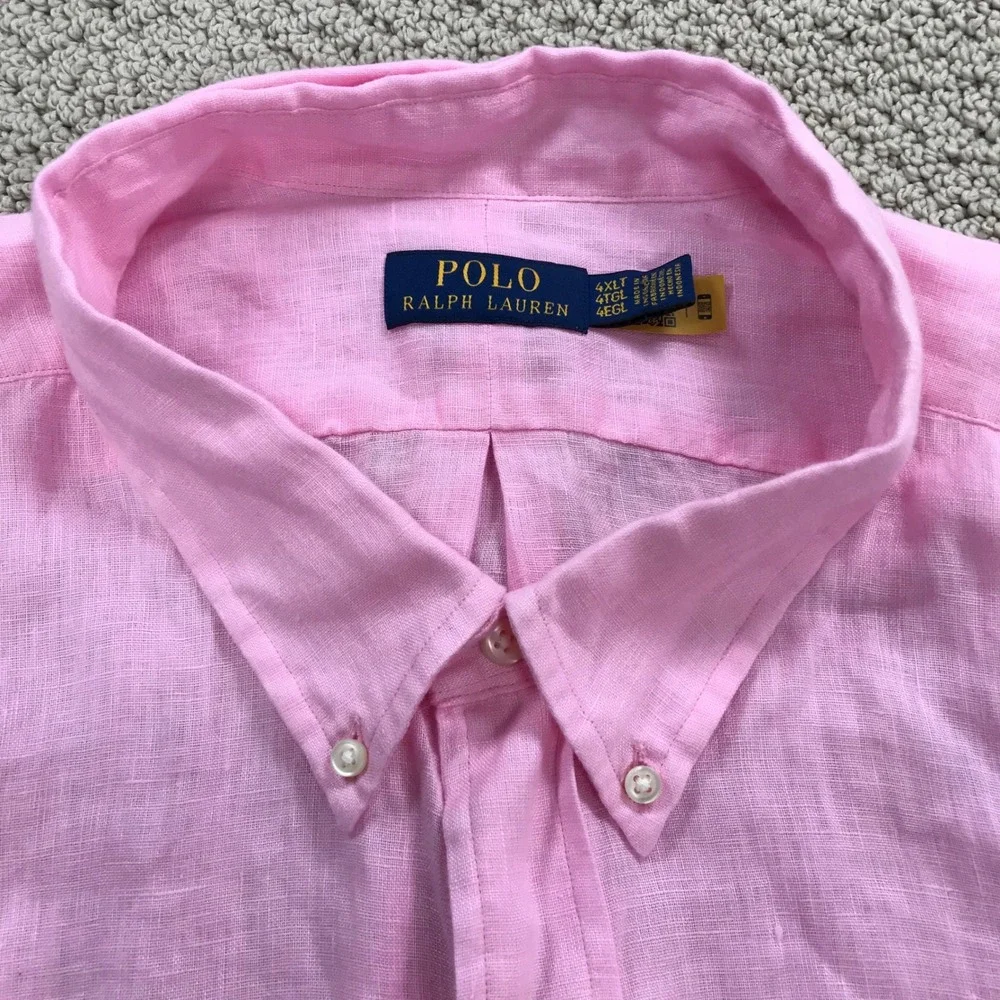 Polo Ralph Lauren Mens 4XLT Pink 100% Linen Short Sleeve Button Down Shirt NWT